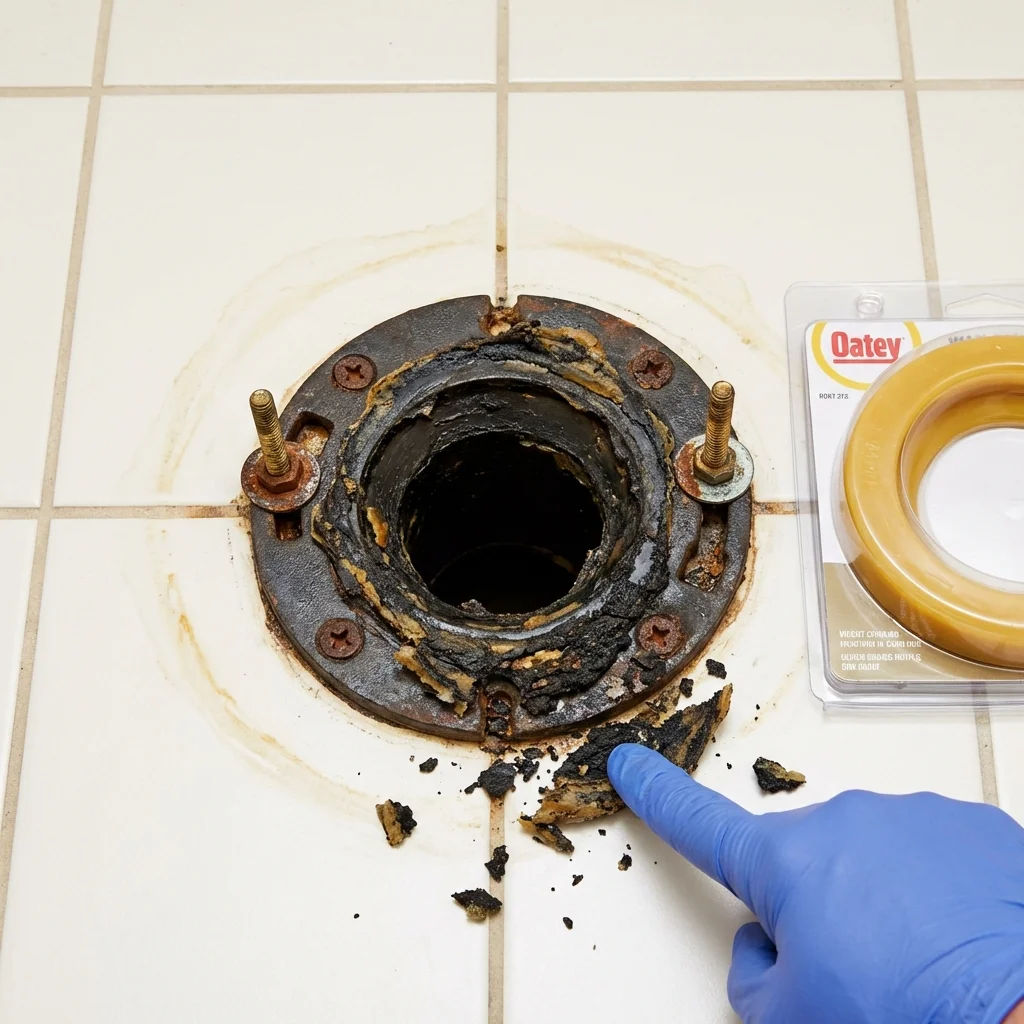 Failed wax ring showing water seepage at the base of a toilet in a Oakland, NJ home