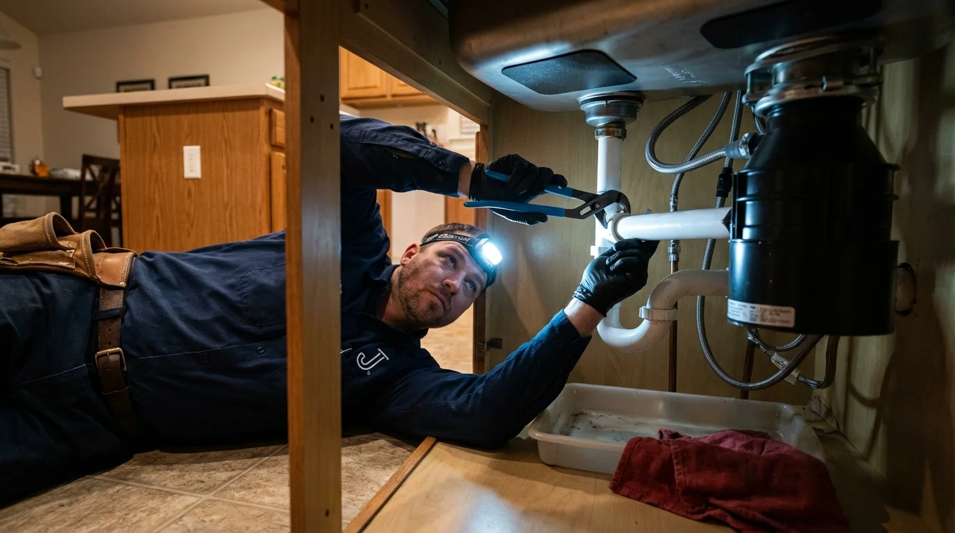 P-trap and supply line connections under a kitchen sink showing a common leak point in Oakland, NJ